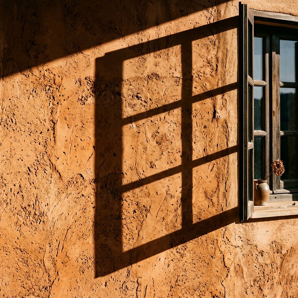 Clean architectural workspace — sunlit wall with geometric shadow